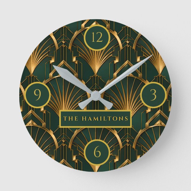 Emerald Green and Gold Luxury Art Deco Wall Clock (Front)