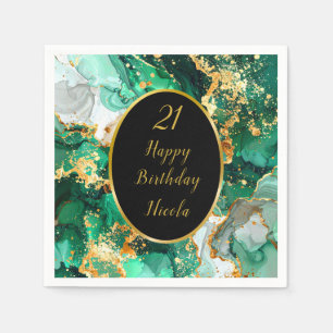 Emerald Green and Gold Marble Agate Birthday Party Napkin