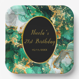 Emerald Green and Gold Marble Agate Birthday Party Paper Plate