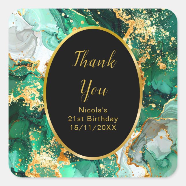 Emerald Green and Gold Marble Agate Birthday Party Square Sticker (Front)