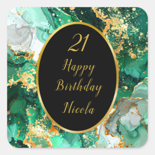Emerald Green and Gold Marble Agate Birthday Party Square Sticker