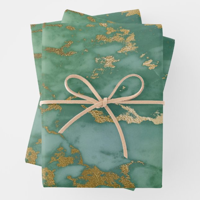 Emerald Green and Gold Marble Look Wrapping Paper Sheet (In situ)