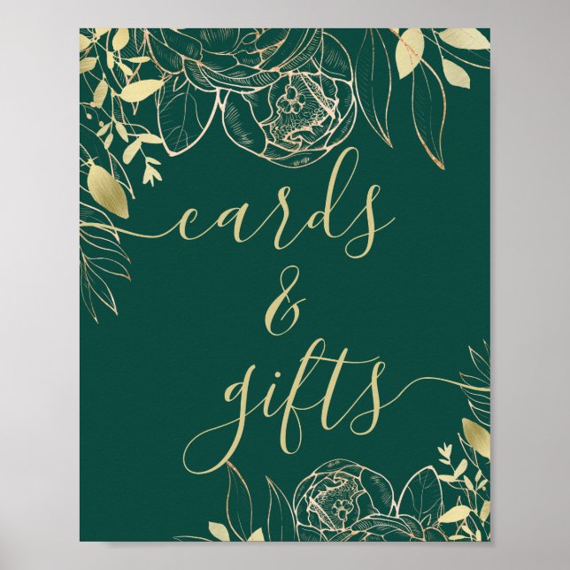 Emerald Green and Gold Modern Floral Cards & Gifts Poster (Front)