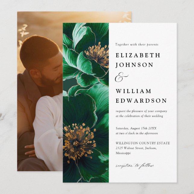 Emerald Green And Gold Modern Floral Photo Wedding Invitation (Front/Back)