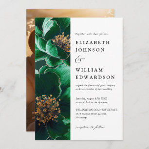 Emerald Green And Gold Modern Floral Photo Wedding Invitation
