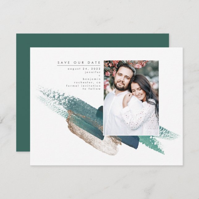 Emerald Green and Gold Modern Save the Date Photo (Front/Back)