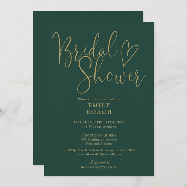 Emerald Green And Gold Modern Script Bridal Shower Invitation (Front/Back)