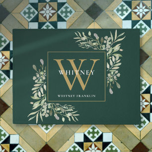 Emerald Green And Gold Monogram Greenery Floral Doormat