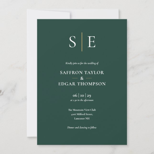 Emerald Green And Gold Monogram Wedding Invitation (Front)