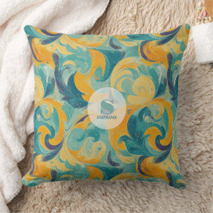 Emerald Green and Gold Paisley-Inspired Abstract Cushion