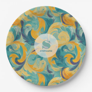Emerald Green and Gold Paisley-Inspired Abstract Paper Plate