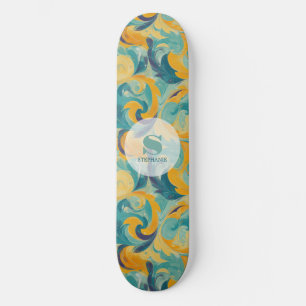 Emerald Green and Gold Paisley-Inspired Abstract Skateboard