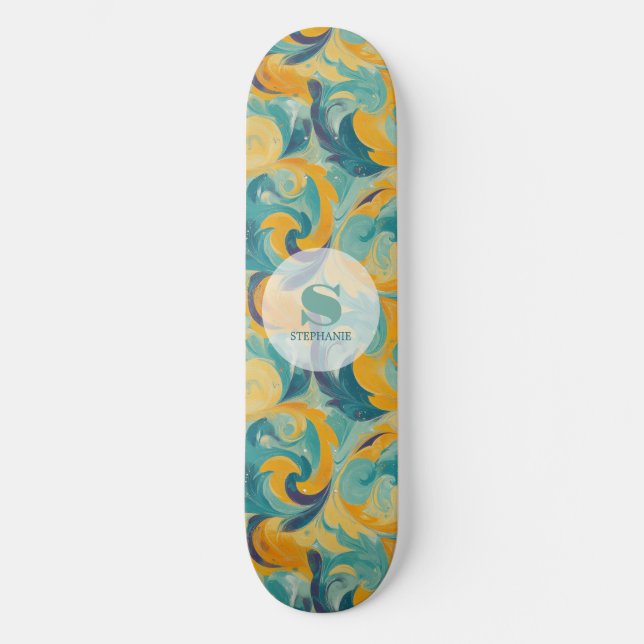 Emerald Green and Gold Paisley-Inspired Abstract Skateboard (Front)
