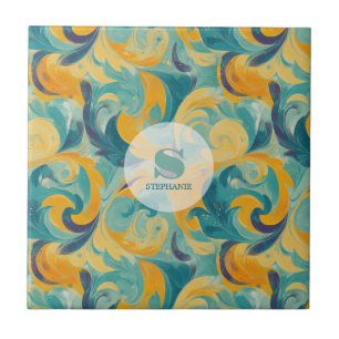 Emerald Green and Gold Paisley-Inspired Abstract Tile