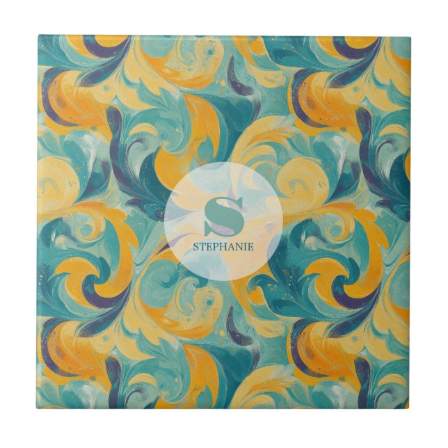 Emerald Green and Gold Paisley-Inspired Abstract Tile (Front)