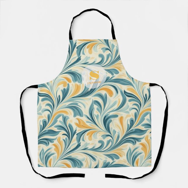 Emerald Green and Gold Paisley Leaf Pattern Apron (Front)