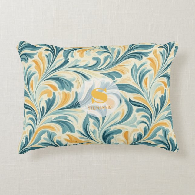 Emerald Green and Gold Paisley Leaf Pattern Decorative Cushion (Front)