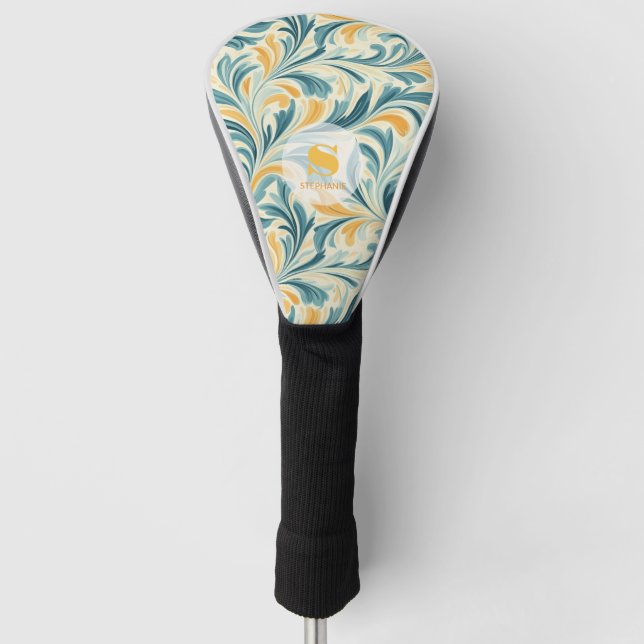 Emerald Green and Gold Paisley Leaf Pattern Golf Head Cover (Front)