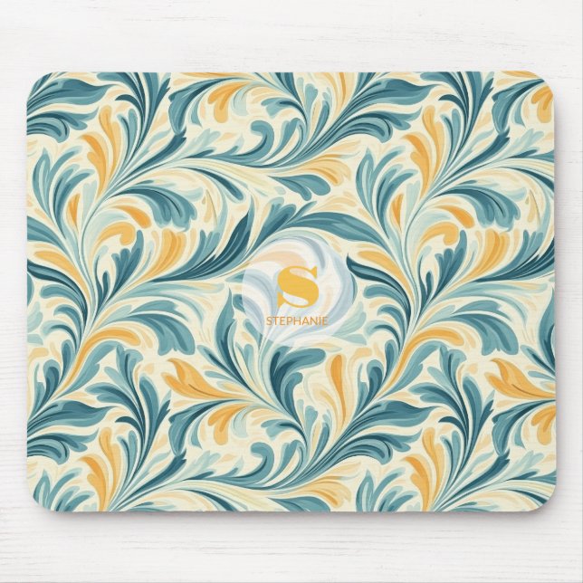 Emerald Green and Gold Paisley Leaf Pattern Mouse Mat (Front)