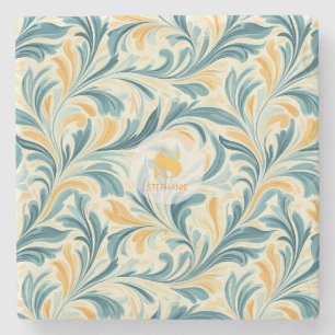 Emerald Green and Gold Paisley Leaf Pattern Stone Coaster
