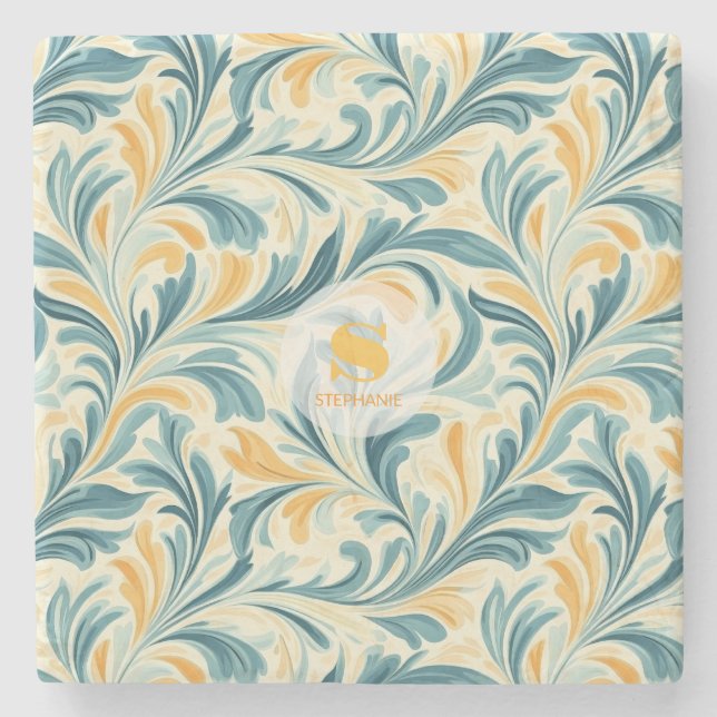 Emerald Green and Gold Paisley Leaf Pattern Stone Coaster (Front)