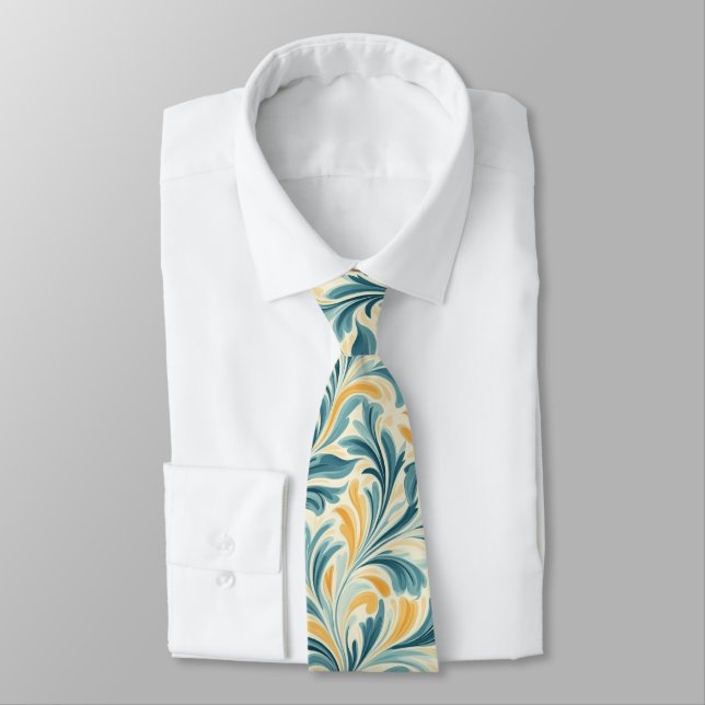Emerald Green and Gold Paisley Leaf Pattern Tie (Tied)