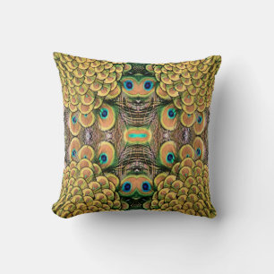 Emerald Green and Gold Peacock Feathers Cushion
