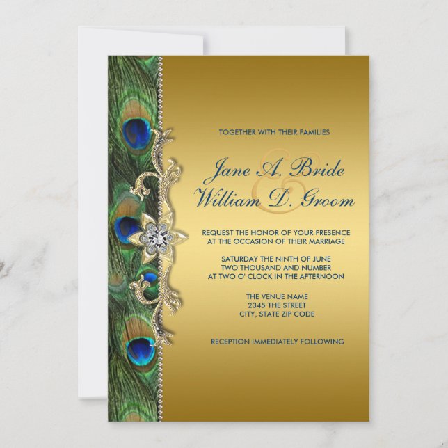 Emerald Green and Gold Peacock Wedding Invitation (Front)