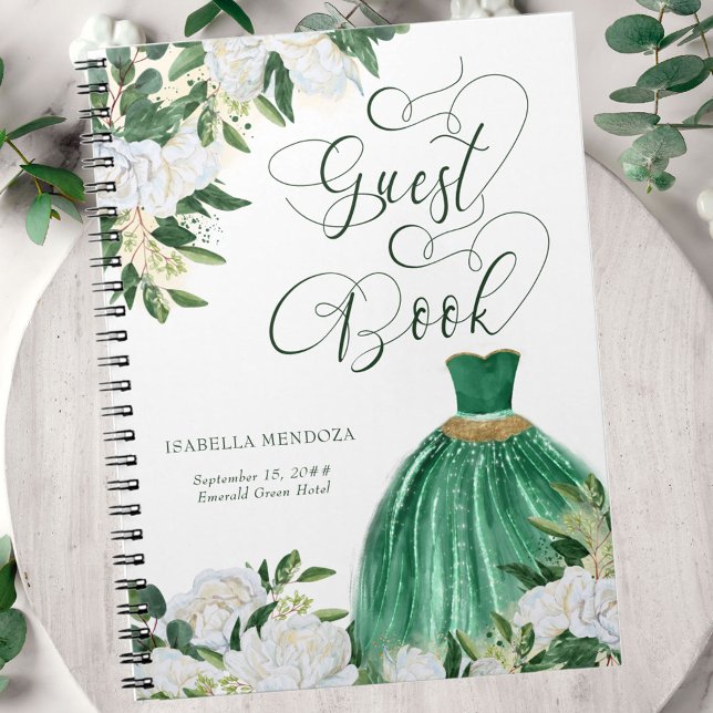 Emerald Green and Gold Princess Budget Guest Book (Princess Ball Gown themed guest book from my Emerald Greenery and White Peony Collection)