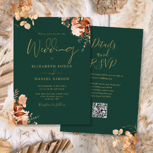 Emerald Green And Gold QR Code Fall Wedding Invitation
