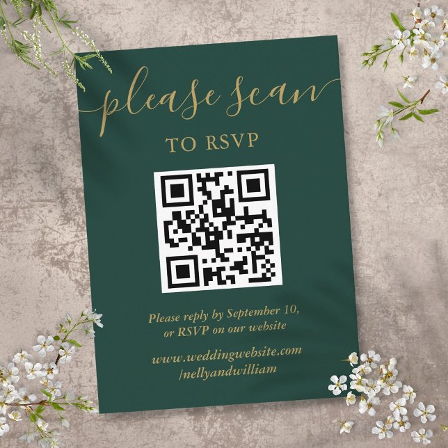 Emerald Green And Gold QR Code Wedding RSVP Enclosure Card (Emerald Green And Gold QR Code Wedding RSVP Enclosure Card)