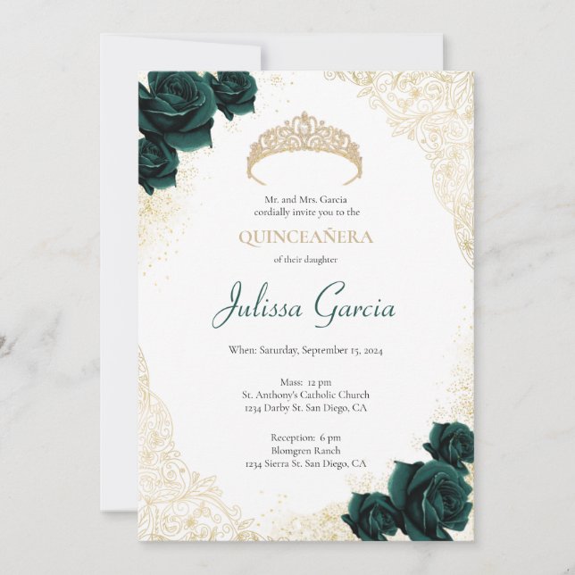 Emerald Green and Gold Quinceanera Invitation (Front)