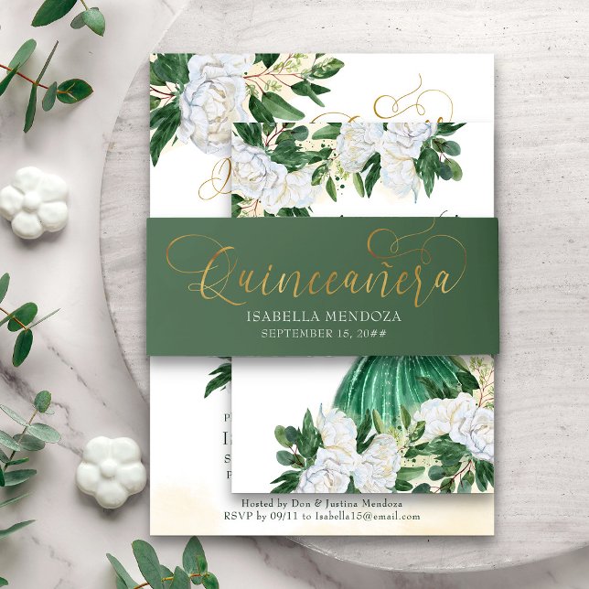 Emerald Green and Gold Quinceanera Invitation Belly Band (Quinceanera belly band from my Emerald Greenery & White Peony collection)