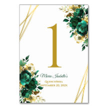 Emerald Green and Gold Quinceñera Table Card