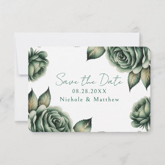Emerald Green and Gold Rose Wedding  Save The Date (Front)