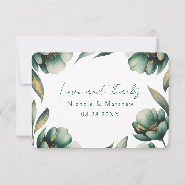 Emerald Green and Gold Rose Wedding Thank You Card (Front)