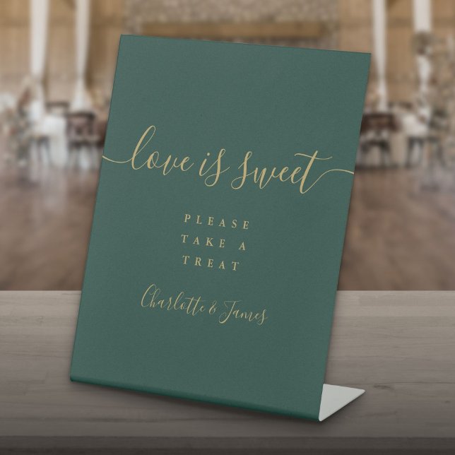 Emerald Green And Gold Script Love Is Sweet Favour Pedestal Sign (Emerald Green And Gold Script Love Is Sweet Favor Pedestal Sign)