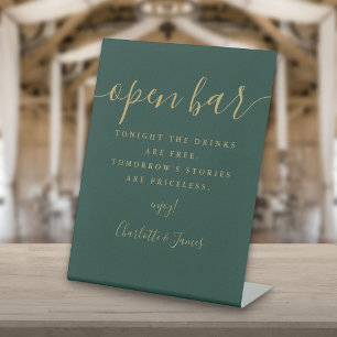 Emerald Green And Gold Script Open Bar Pedestal Sign