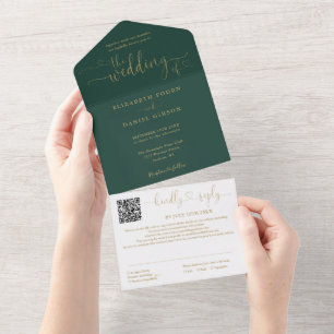 Emerald Green And Gold Script QR Code Wedding All In One Invitation
