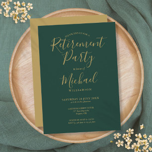 Emerald Green And Gold Script Retirement Party Invitation