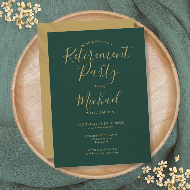 Emerald Green And Gold Script Retirement Party Invitation (Emerald Green And Gold Script Retirement Party Invitation)