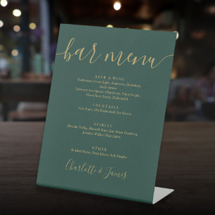 Emerald Green And Gold Script Wedding Bar Menu Pedestal Sign