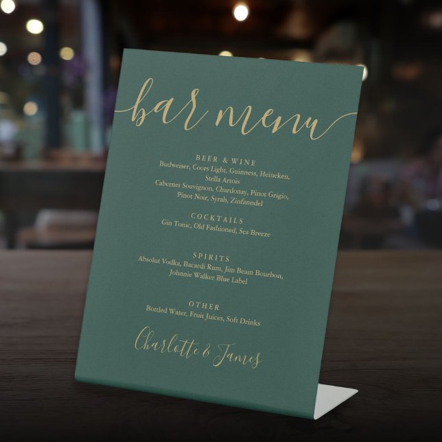 Emerald Green And Gold Script Wedding Bar Menu Pedestal Sign (Emerald Green And Gold Script Wedding Bar Menu Pedestal Sign)