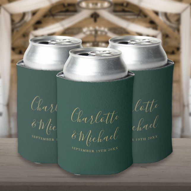 Emerald Green And Gold Script Wedding Can Cooler (Emerald Green And Gold Script Wedding Can Cooler)