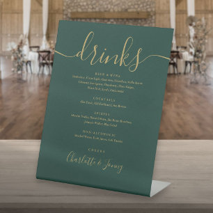 Emerald Green And Gold Script Wedding Drinks Menu Pedestal Sign