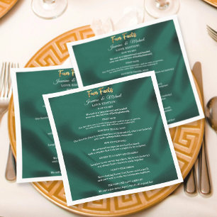 Emerald Green and Gold Script Wedding Fun Facts   Napkin