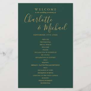 Emerald Green And Gold Script Wedding Program