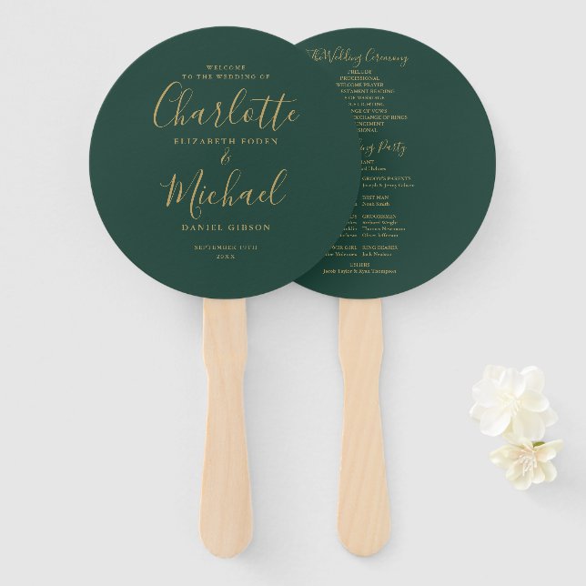 Emerald Green And Gold Script Wedding Program Hand Fan (Front and Back)