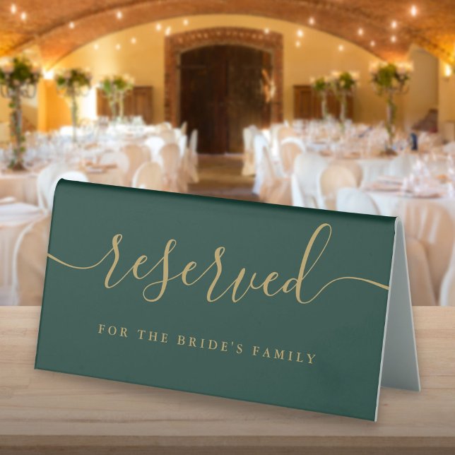 Emerald Green And Gold Script Wedding Reserved (Emerald Green And Gold Script Wedding Reserved Table Tent Sign)