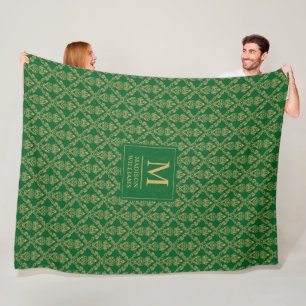 Emerald Green and Gold seamless Damask Pattern Fleece Blanket